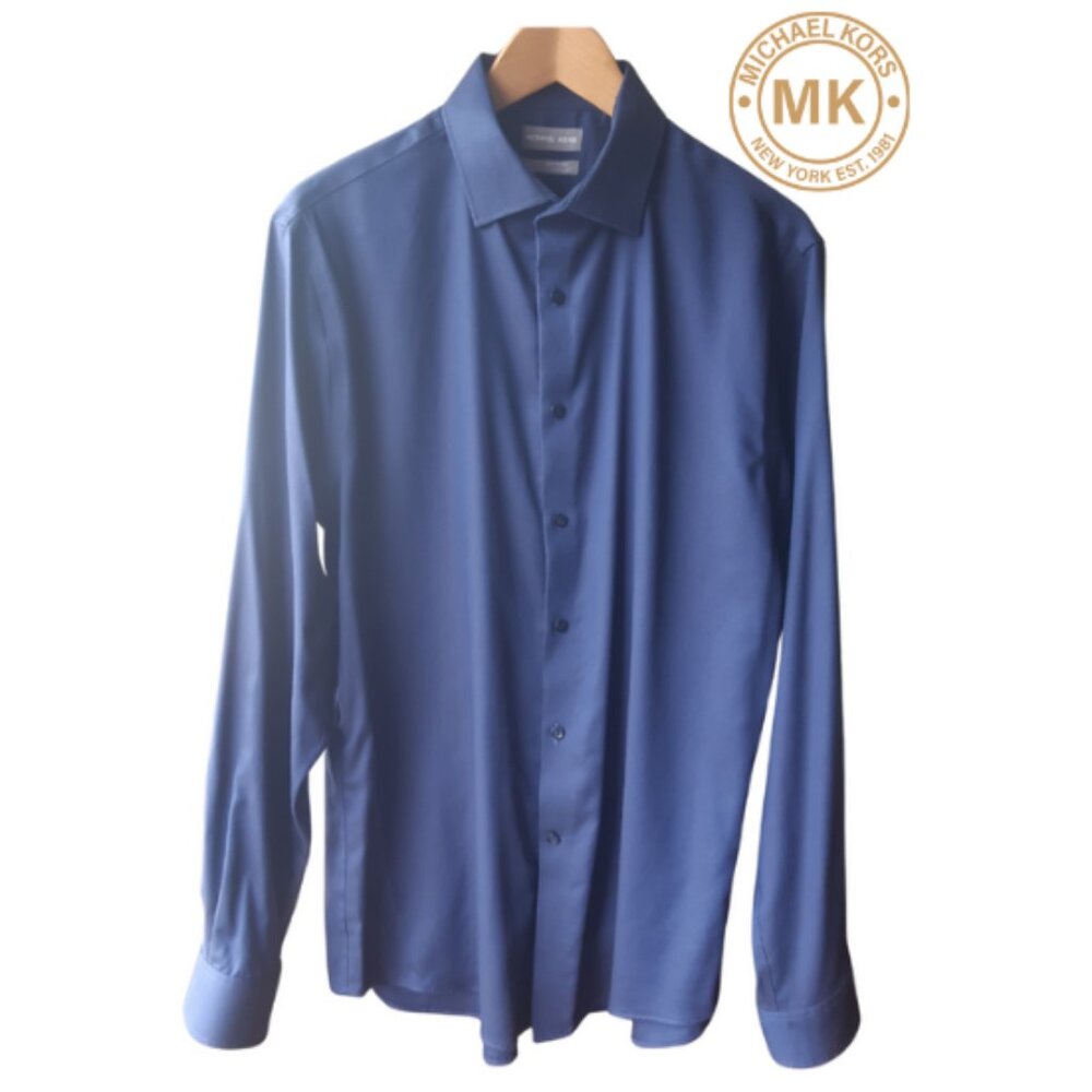 Michael Kors SZ16 Slim Fit Men's Wrinkle Free Cotton Marine Blue Button Up Shirt